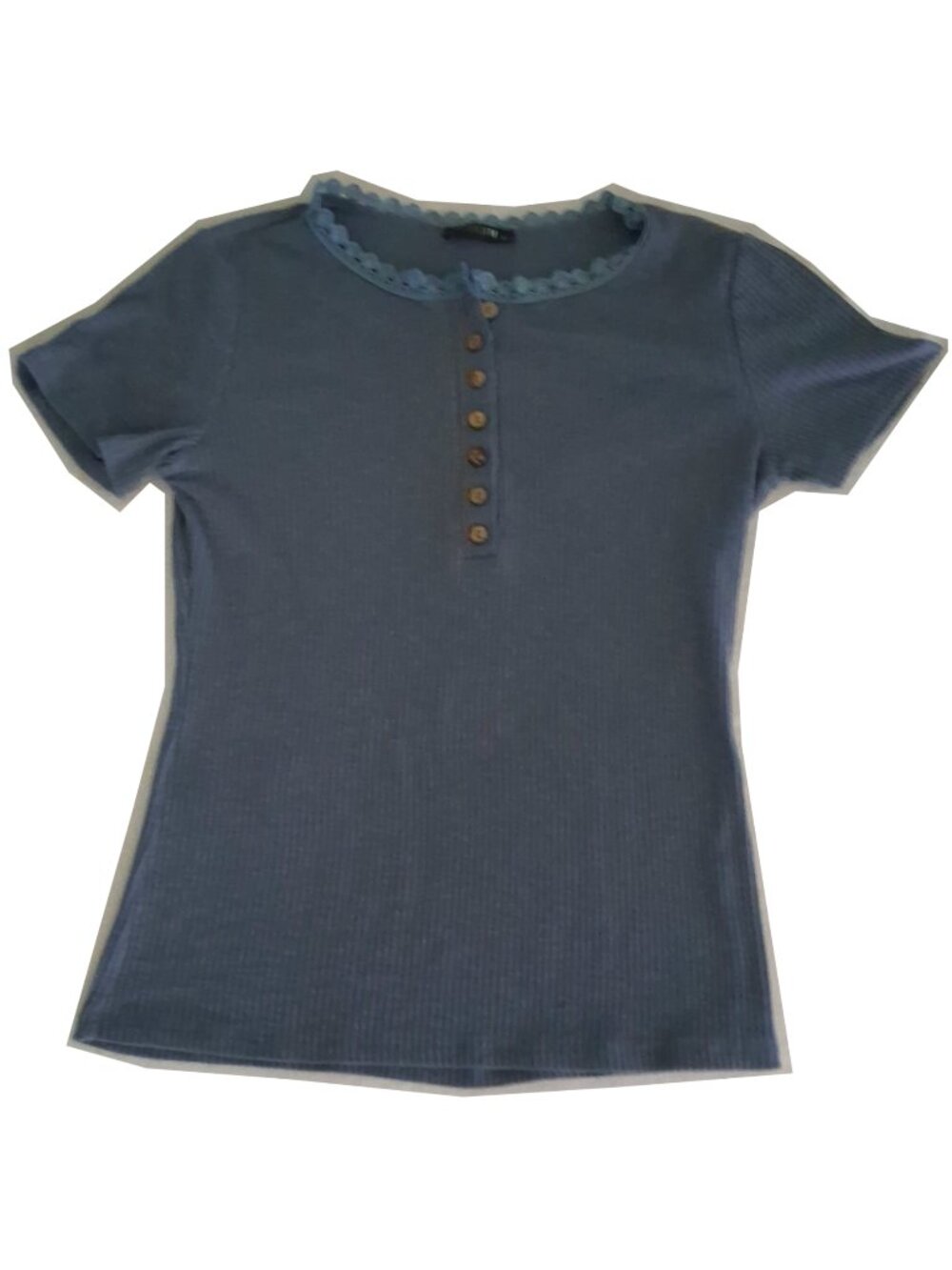 Women's Henley Short Sleeve, Slim Fit, Lace Trim, Blue-Gray, Medium